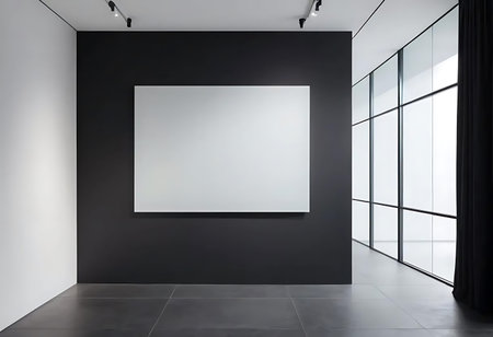 Contemporary gallery interior with blank poster on wall. Mock up, 3D Rendering