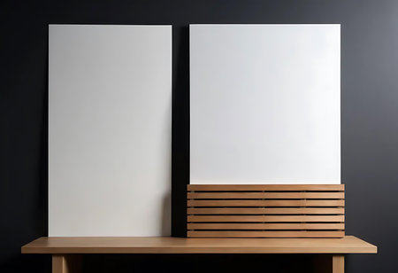 Two vertical posters on a wooden shelf in front of a black wallの写真素材