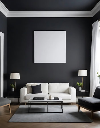 Black living room interior with a white sofa, black armchairs and a vertical poster. 3d rendering mock upの写真素材