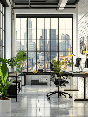 Modern office interior with panoramic window and city view. 3D Renderingの写真素材