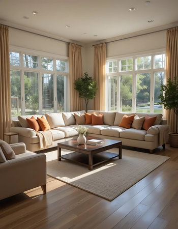 Living room interior design with beige sofa and coffee table. Nobody insideの写真素材