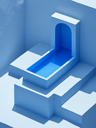 Abstract 3d render of stairs with blue door in the blue room