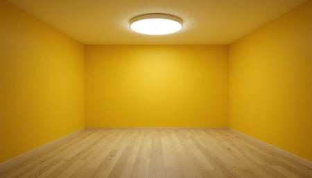 Interior of a room with a yellow wall and a ceiling lampの写真素材