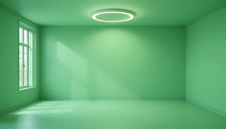 green empty room with window and spotlights, 3d render illustrationの写真素材