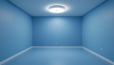 Empty room with blue wall and ceiling light. 3d render.の写真素材