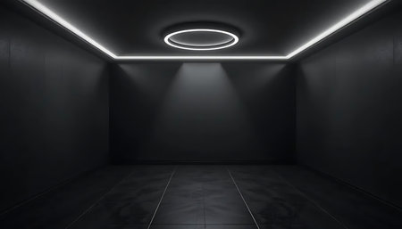 3d rendering of black empty room with floor and ceiling light.の写真素材