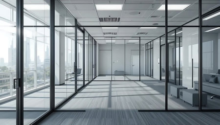 Modern office interior with panoramic windows. 3D Renderingの写真素材
