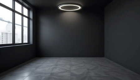 Empty room with black walls, floor and ceiling lamp. 3d renderingの写真素材
