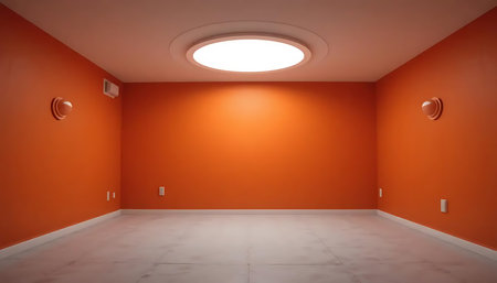 Interior of empty room with orange walls and floor, 3d renderの写真素材