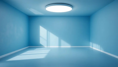 Blue empty room with ceiling light and shadow on the wall, 3d renderの写真素材