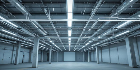 3D rendering of an empty warehouse with blue lights on the ceilingの写真素材