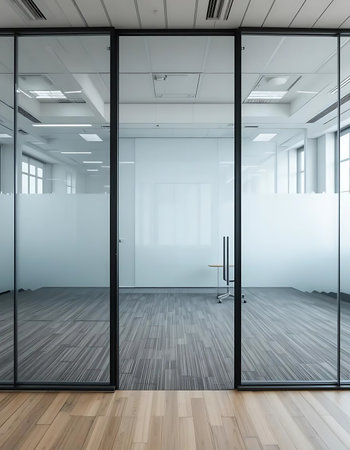 Interior of modern office with white walls, wooden floor and glass doors. 3d renderingの写真素材