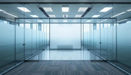 3D rendering of a corridor inside an office building with glass wallsの写真素材