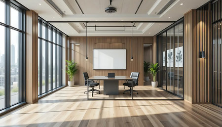 Interior of modern meeting room with wooden walls, wooden floor, panoramic window with city view and mock up poster. 3d renderingの写真素材