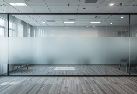 Interior of modern office with glass walls, wooden floor and rows of white chairs. 3d renderingの写真素材