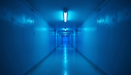 Long corridor with fluorescent light bulb in blue color, perspective view.の写真素材