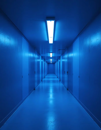Blue corridor with lightbulbs in the dark, 3d renderの写真素材