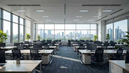 Interior of modern office with panoramic windows and city viewの写真素材