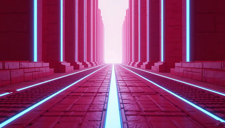 Futuristic corridor with glowing neon lights. 3D rendering.の写真素材