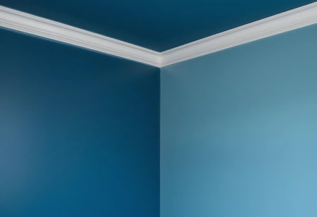 Blue empty room with white ceiling and copyspace for your textの写真素材