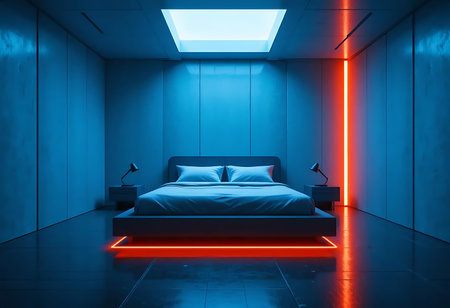 3d rendering of a modern bedroom interior with neon lights and a bedの写真素材