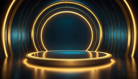 3D abstract background with neon lights and round podium. 3d renderingの写真素材