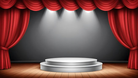Stage podium with red curtains and spotlights, realistic vector illustration.の写真素材