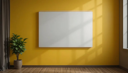 Empty white poster on yellow wall in the room. 3d renderingの写真素材