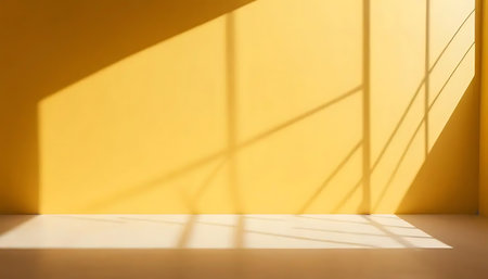 Sunlight and shadow on yellow wall. Abstract background for design.の写真素材