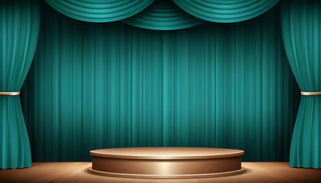 Scene with blue curtains and podium for presentation in realistic style, vector illustrationの写真素材