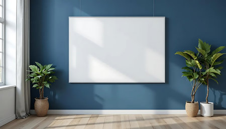 Interior of modern living room with blue walls, wooden floor, white mock up poster frame and green plants. 3d renderingの写真素材
