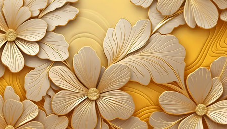 3d illustration of abstract floral background with golden flowers and leaves.の写真素材