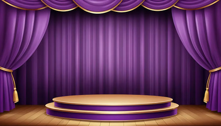 Purple velvet curtain stage with gold podium. Realistic vector illustration.の写真素材