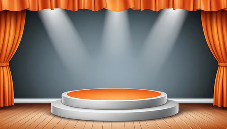 Stage podium with red curtains and spotlights, realistic vector illustration.の写真素材