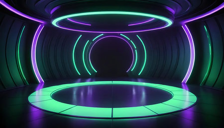 3D rendering. Futuristic neon tunnel with glowing lights. Sci-fi tunnel.の写真素材