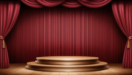 Stage with red curtains and podium. Realistic vector illustration. Scene for awards ceremony.の写真素材