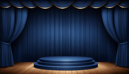 Stage with blue curtains and round podium. Realistic vector illustration.の写真素材
