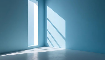Empty room with blue wall and window. 3d render illustration.の写真素材