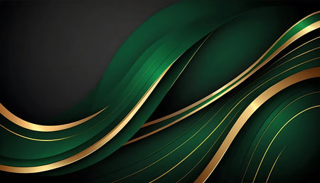 Abstract green and black wavy background with golden lines. Vector designの写真素材