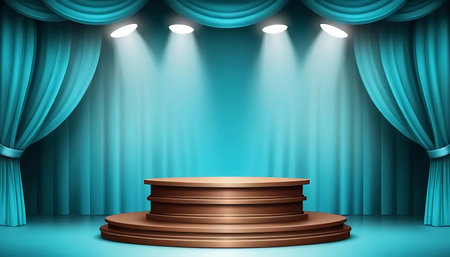Stage podium with blue curtains and spotlights, realistic vector illustration.の写真素材