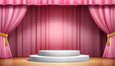 Stage podium with lighting, Stage Podium Scene with for Award Ceremony on pink background, Vector illustrationの写真素材