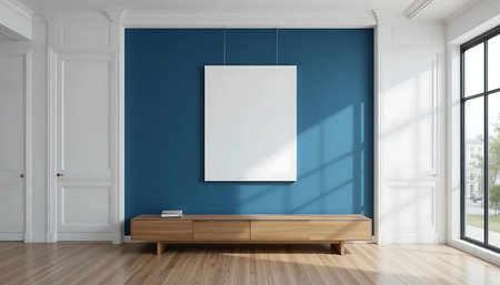 Interior of modern living room with blue walls, wooden floor, white cupboard and horizontal mock up poster frame. 3d renderingの写真素材