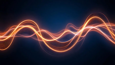 Abstract glowing lines on dark background, futuristic wavy illustration, 3D renderingの写真素材