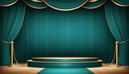Green velvet curtain stage with gold podium and wood floor. Vector illustrationの写真素材