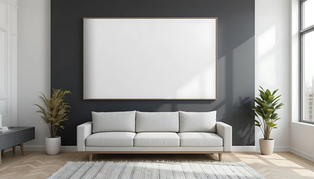 Interior of living room with white sofa and mock up poster. 3d illustrationの写真素材