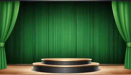 Stage podium with lighting, Stage Podium Scene with for Award Ceremony on green curtain background. Vector illustrationの写真素材