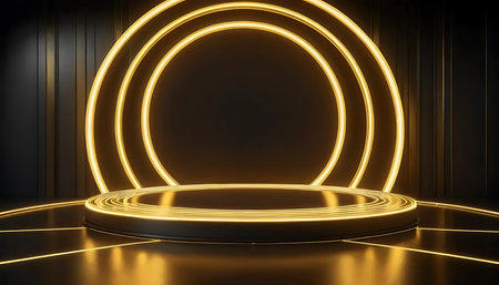 Abstract minimal scene with round podium and neon lights, 3d renderの写真素材