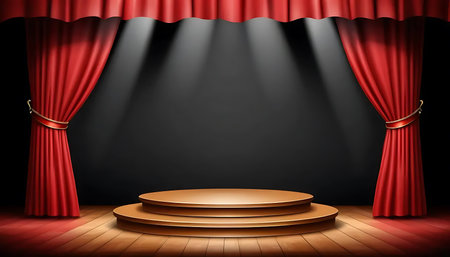Stage with red curtains, podium and spotlights. Vector illustration.の写真素材