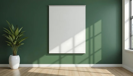 Empty room with green walls, wooden floor and white vase with plant. 3d renderingの写真素材