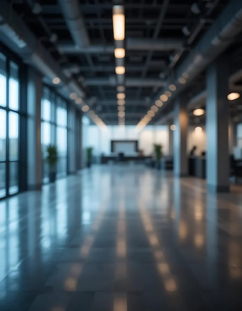 Blurred image of people walking in modern office building interior.の写真素材